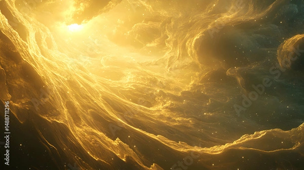 Fototapeta Golden Nebula Swirls in Deep Space with Soft Glowing Light