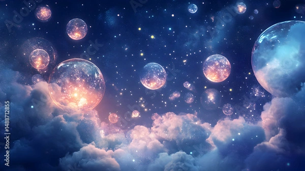 Fototapeta Dreamy Cosmic Bubbles Floating Above Soft Clouds in Night Sky