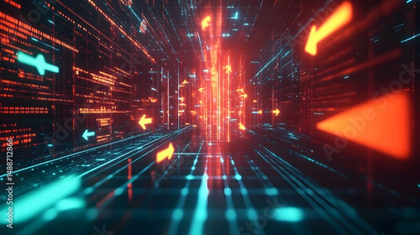 Fototapeta Futuristic Cyber Space with Flowing Neon Arrows and Digital Lights