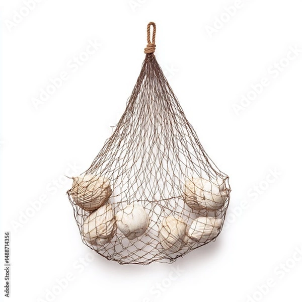 Fototapeta fishing net with shells caught inside on white background
