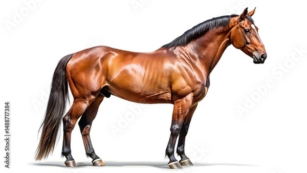 Fototapeta A strong brown horse stands confidently, showing its full body and muscular build isolated on white background