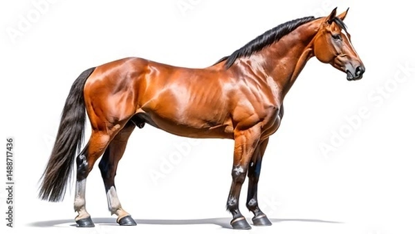 Fototapeta A strong brown horse stands confidently, showing its full body and muscular build isolated on white background