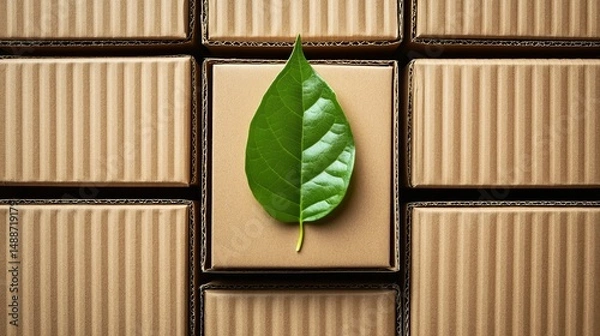 Fototapeta A green leaf positioned between cardboard boxes serves as a symbol of the environmental consequences of the shipping industry, which is connected to the idea of carbon-neutral delivery methods