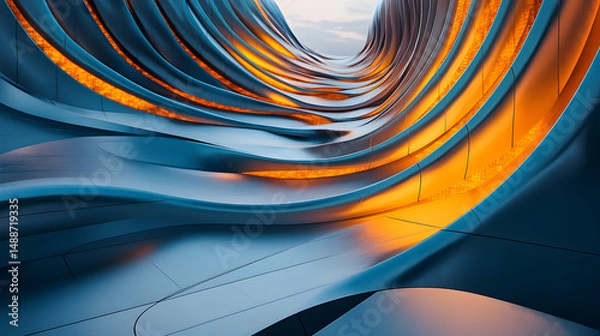Fototapeta Abstract Wave Pattern with Orange Light and Metallic Surface