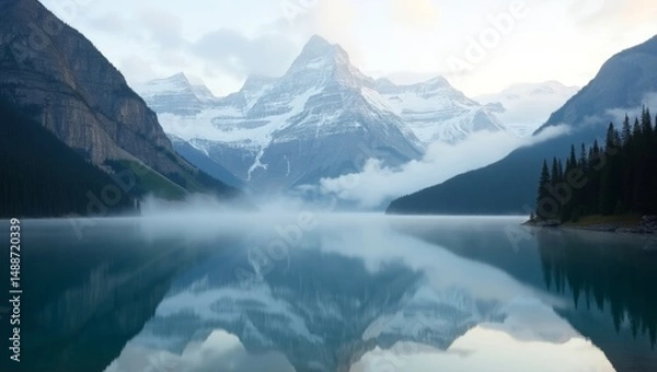 Fototapeta Majestic Mountains Reflected in Tranquil Lake at Dawn Surrounded by Mist and Pine Trees in a Serene Landscape