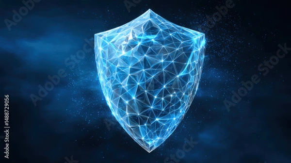 Fototapeta Digital shield symbolizing security and protection in a futuristic blue design with glowing particles