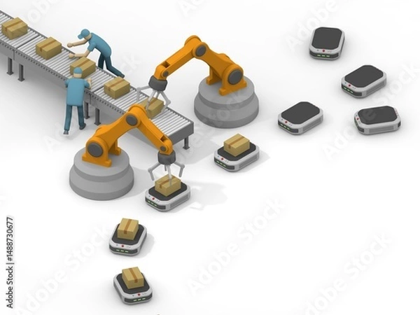 Obraz  ロボットとコンベヤーベルトによる自動化工場：効率的な製造・物流システム