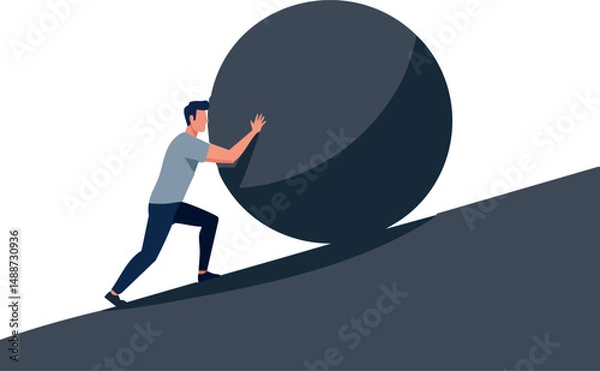 Fototapeta Man pushing large black boulder uphill symbolizing effort and perseverance vector illustration 