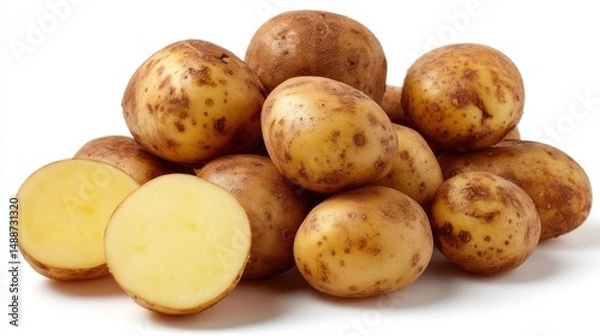 Fototapeta Pile of fresh potatoes with cut sections