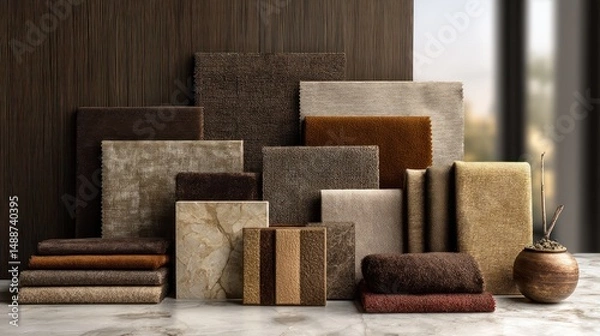 Fototapeta Collection of textured fabrics and panels in various warm earthy tones