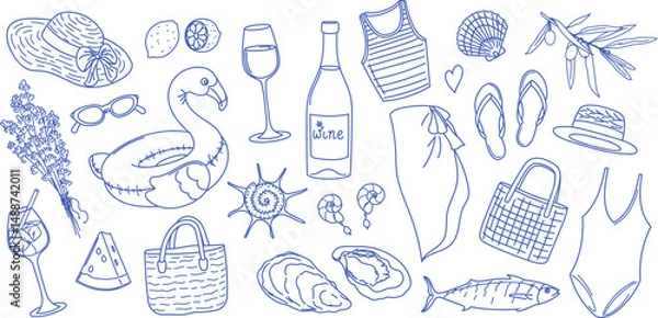 Fototapeta Vector illustrations of summer elements in hand-drawn linear style Outline icons collection beachwear, seafood, drinks, accessories and shells. Design set for vacation themes design, print, decoration