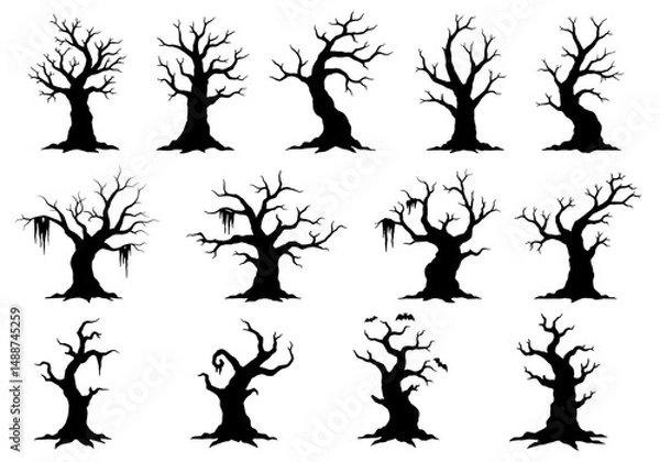 Fototapeta A collection of twelve black silhouette spooky trees on a white background for halloween designs vector art