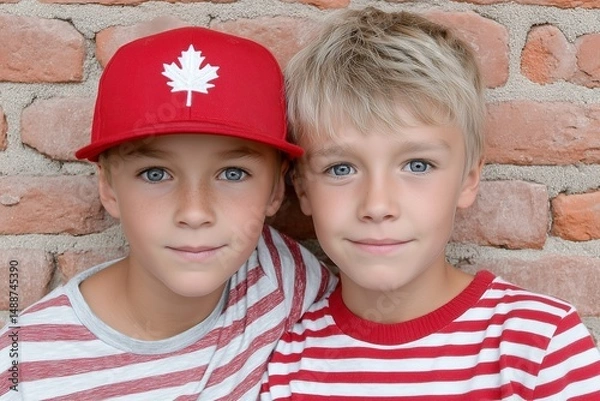 Obraz Two young brothers posing against a brick wall in matching red and white striped shirts, one wearing a red baseball cap with a white maple leaf, celebrating canadian day