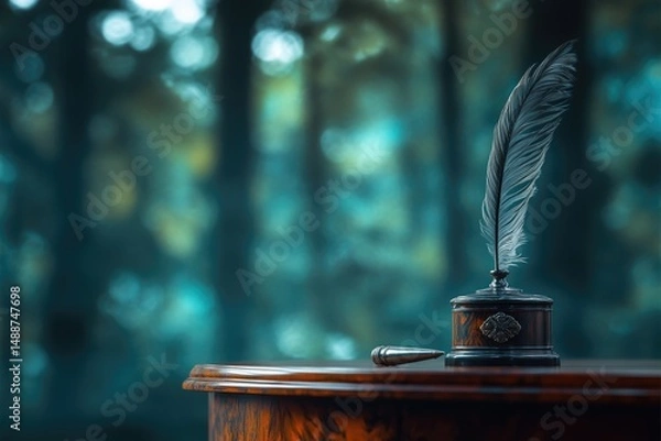 Fototapeta An elegant quill pen resting in its inkwell on a wooden desk with a blurred, ethereal background.