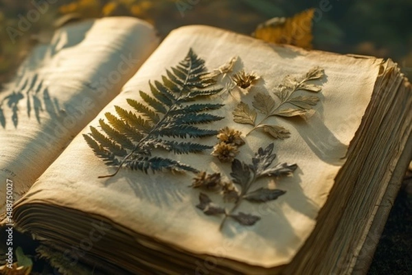 Fototapeta An antique book rests open, showcasing delicate pressed ferns and leaves between aged, yellowed pages in warm light.