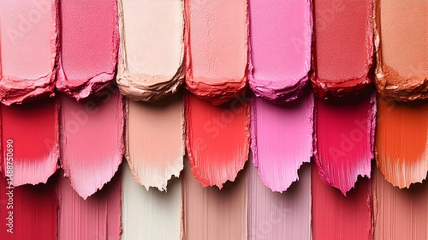 Fototapeta A close-up showcases numerous vertical swatches of creamy makeup, exhibiting a spectrum of pink, peach, and coral hues, each smear showing texture and subtle variations in shade