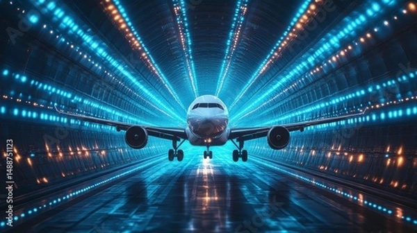 Fototapeta Airplane speeding through a futuristic neon-lit tunnel.
