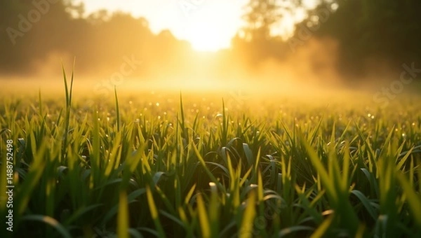 Fototapeta Soft green grass in the morning. Generative Ai.