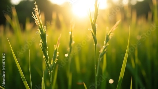 Fototapeta Soft green grass in the morning. Generative Ai.