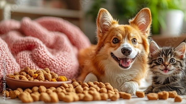 Fototapeta A soft and inviting pet store banner background with a happy dog and a playful kitten, surrounded by pet food, toys, and accessories