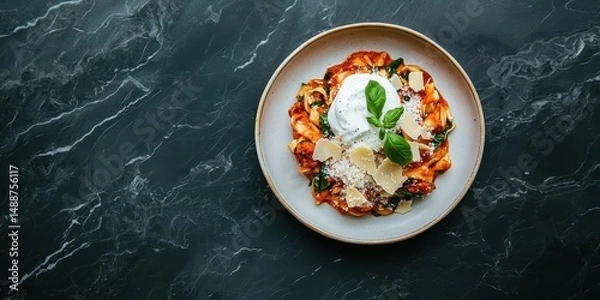 Fototapeta A plate of pasta topped with burrata cheese, fresh basil, and parmesan, served on a dark marble table.