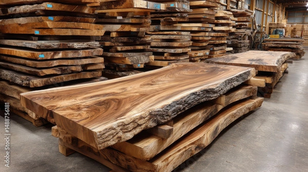 Fototapeta Beautiful wooden slabs stacked in a woodworking shop showcasing various textures and grains in natural light