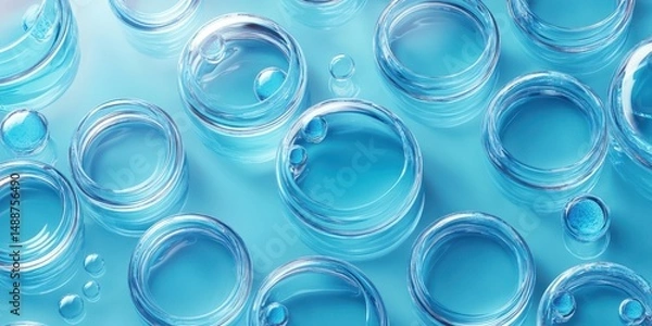 Fototapeta Clear glass containers filled with blue liquid arranged on a smooth surface for a calming visual effect