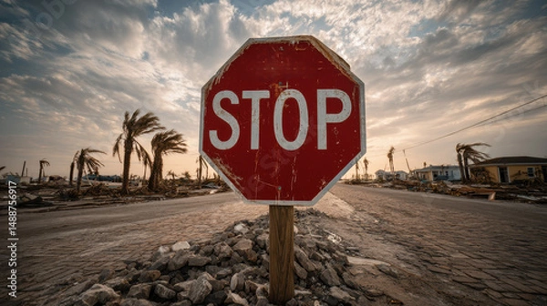Fototapeta Weathered stop sign stands in a desolate road lined with damaged palm trees and debris at sunset in a hurricane-affected area