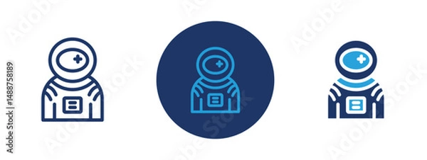 Obraz Set of 5 pixel perfect colored Astronaut or cosmonaut icon with 1 unexpanded, 1 silhouette,  Person in space suit representing space explorer.