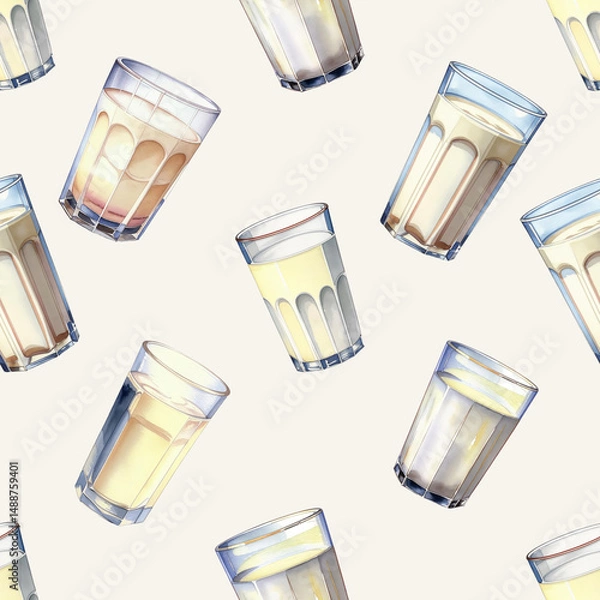 Fototapeta a glass of milk, a healthy white drink with calcium. pattern, seamless texture, watercolor illustration. artificial intelligence generator, AI, neural network image. background for the design