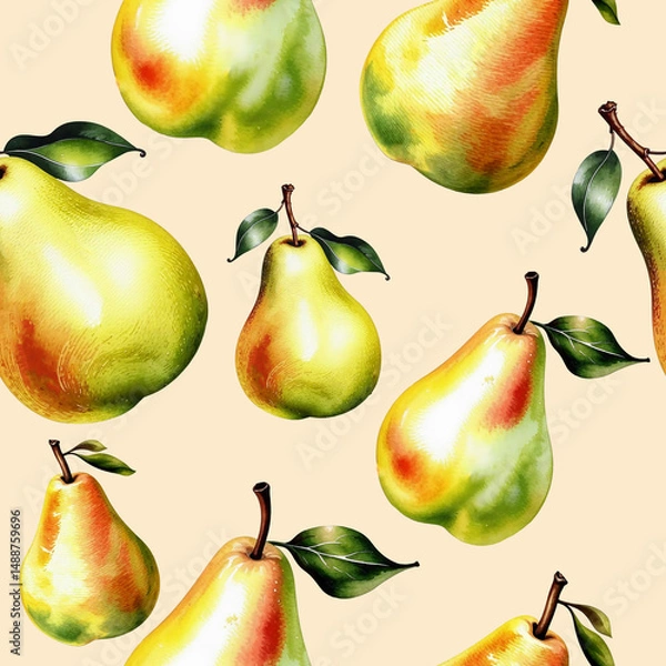 Fototapeta juicy, ripe pear, sweet fruit. pattern, seamless texture, watercolor illustration. artificial intelligence generator, AI, neural network image. background for the design