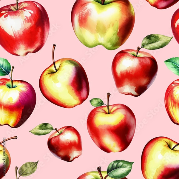 Fototapeta juicy, ripe red apple, sweet fruit. pattern, seamless texture, watercolor illustration. artificial intelligence generator, AI, neural network image. background for the design
