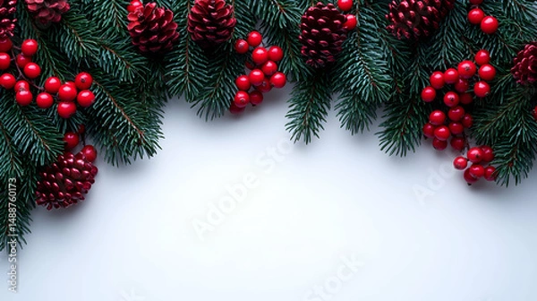 Fototapeta Festive arrangement of red berries and pine cones interspersed with evergreen boughs on a white background, creating a seasonal border with a blank space in the center