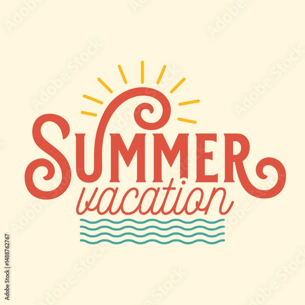 Fototapeta Summer vacation typography with sun ray and ocean wave vector illustration. Summer sticker, label, tag, badge. Vector illustration. Summertime banner, poster, template.