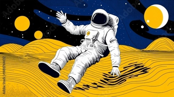 Obraz Dancing astronaut floating on the moon background, fun and creative vector design for space themes.