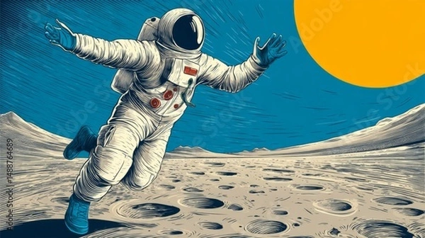Obraz Dancing astronaut floating on the moon background, fun and creative vector design for space themes.