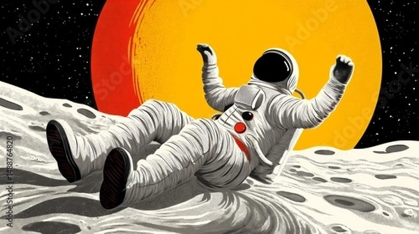 Fototapeta Dancing astronaut floating on the moon background, fun and creative vector design for space themes.