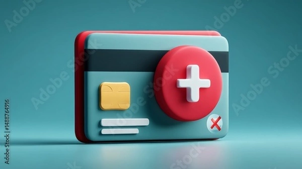 Fototapeta Declined credit card payment icon showing error, red cross symbol, blocked account and canceled transactions in 3D cartoon render. 