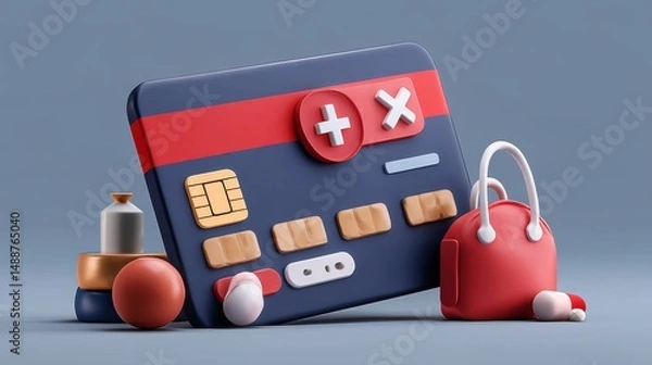 Fototapeta Declined credit card payment icon showing error, red cross symbol, blocked account and canceled transactions in 3D cartoon render. 