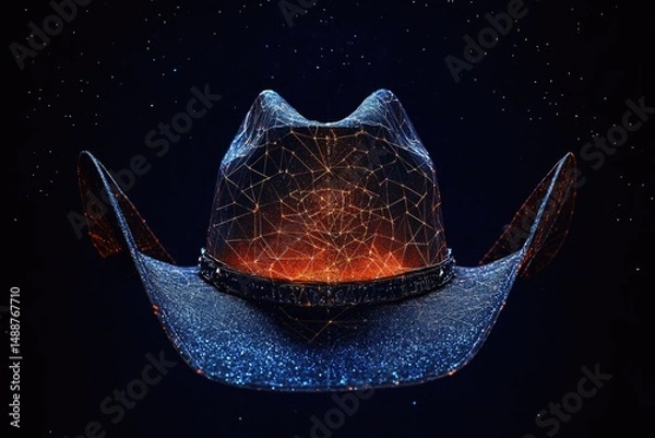 Fototapeta A futuristic cowboy hat made of glowing network nodes against a dark, starlit background evokes a sense of technology and the Wild West.