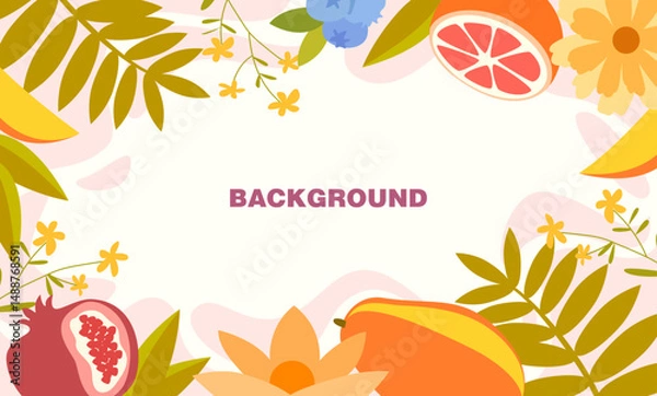 Obraz Bright tropical background with decorative border of exotic fruits, leaves and flowers. Ideal for banners, social media, summer posters, invitations, holiday announcements, or menu designs.