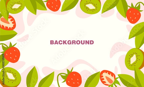 Obraz Bright fruit background with a decorative frame with kiwi and strawberries. Ideal for banners, social media, summer posters, invitations, holiday posts, or menu designs.