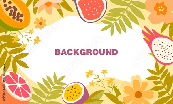 Obraz Bright tropical background with a decorative frame of exotic fruits, leaves and flowers. Ideal for banners, social media, summer posters, invitations, holiday posts, or menu designs.