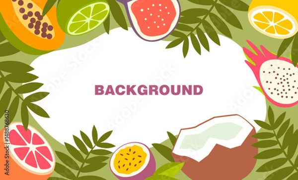 Obraz Tropical fruits and leaves vector background with text space in the center. Ideal for exotic food packaging, travel flyers, summer ads or advertising organic