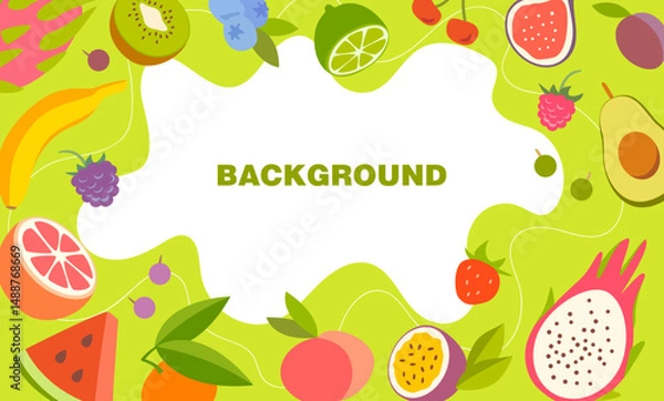Obraz Colorful tropical fruit background in flat style with text space in the center. Perfect for summer advertising, juice packaging, recipe cards, posters or social media.