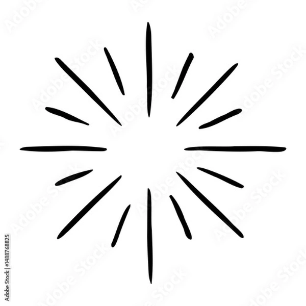 Fototapeta Vector hand drawn illustration of light rays, firework, sunburst. Vintage style element, round frame, isolated on white background.