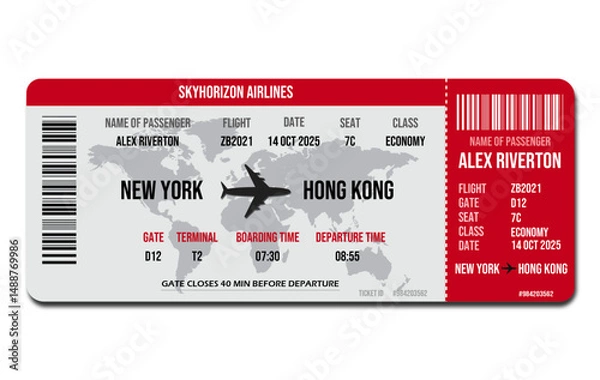 Obraz Realistic airline ticket design with necessary fields and passenger name. Vector illustration 