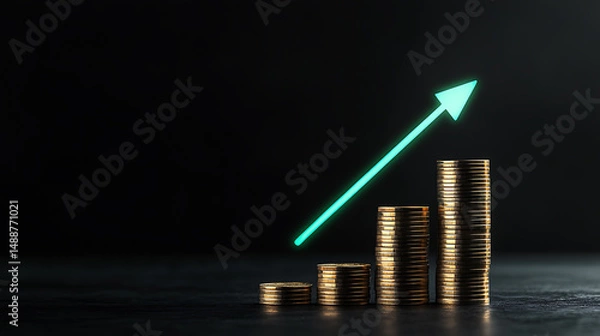 Fototapeta Stack of Coins Growth Chart: Rising prosperity and financial success symbolized by ascending stacks of coins and a vivid green arrow against a black background.