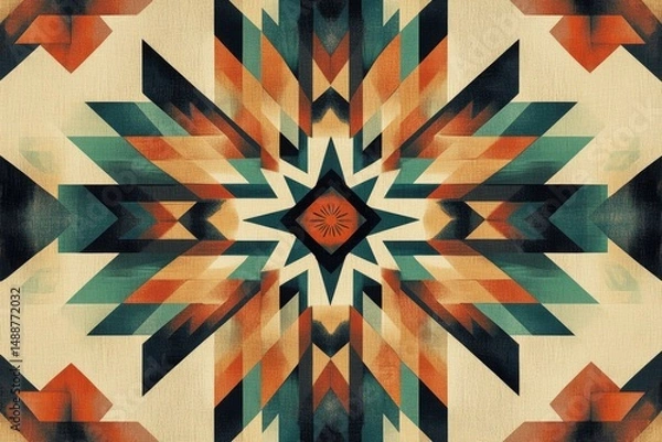 Fototapeta Geometric kaleidoscope with teal, orange, and black triangles forming a symmetrical star-like pattern with a beige textured background.