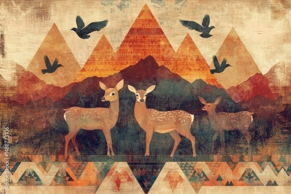 Fototapeta Stylized artwork featuring deer in front of mountains, with flying birds and geometric patterned foreground.